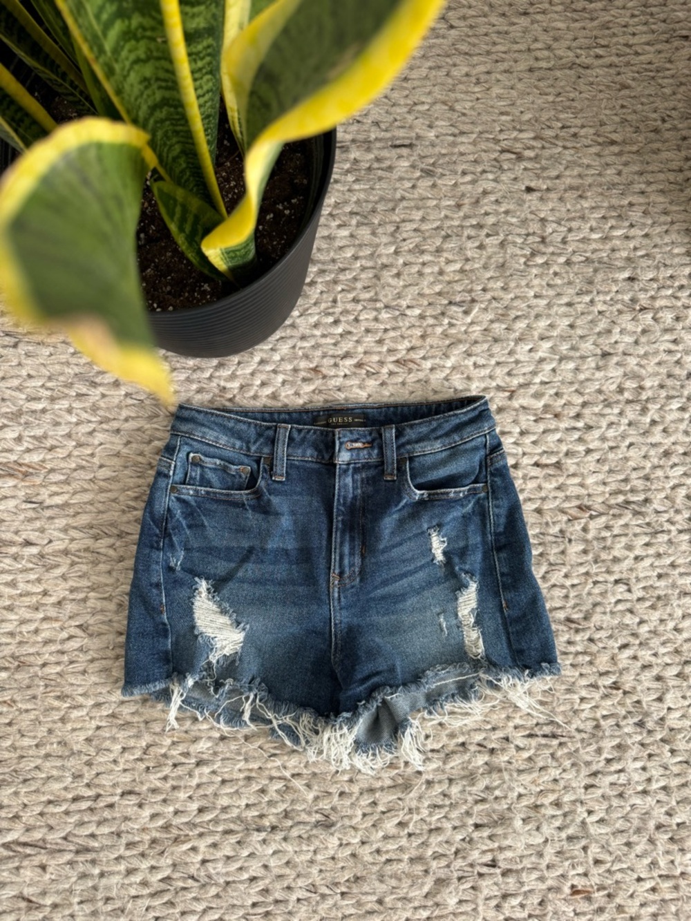 GUESS Dark Blue Ripped High-Rise Denim Shorts